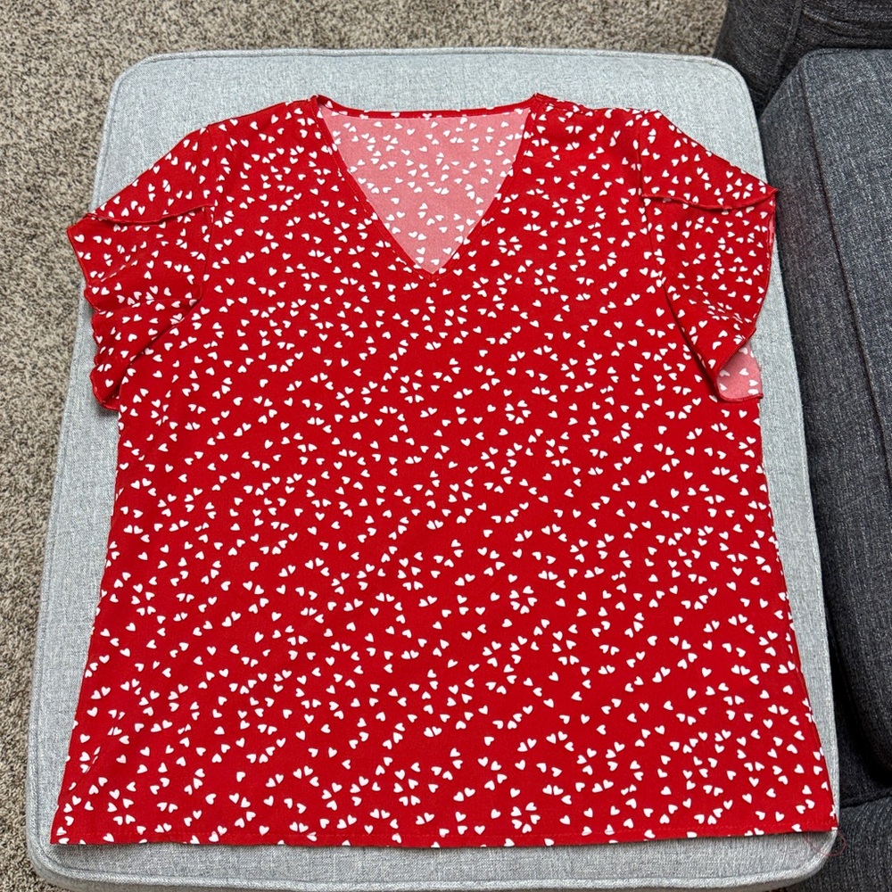 Red V-Neck Blouse with White Heart Pattern